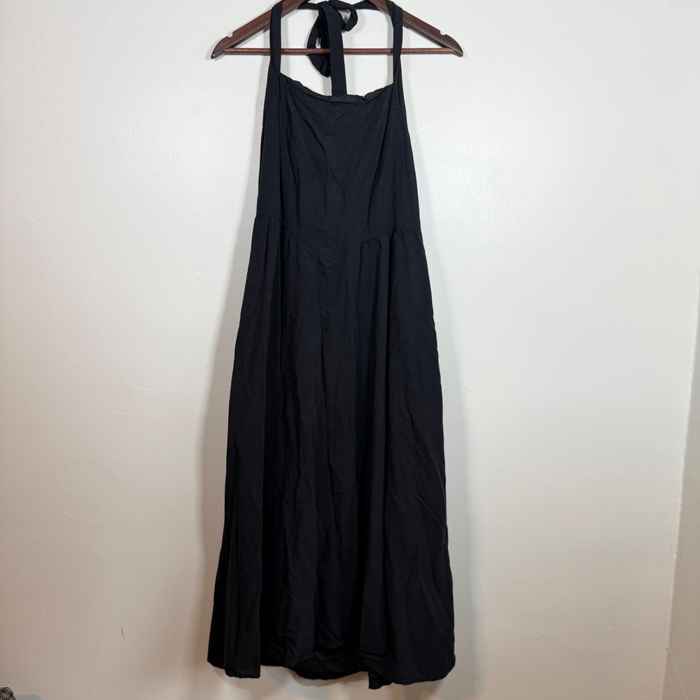 ZESICA Halter Smocked Back Linen Blend Maxi Dress Size Large Black